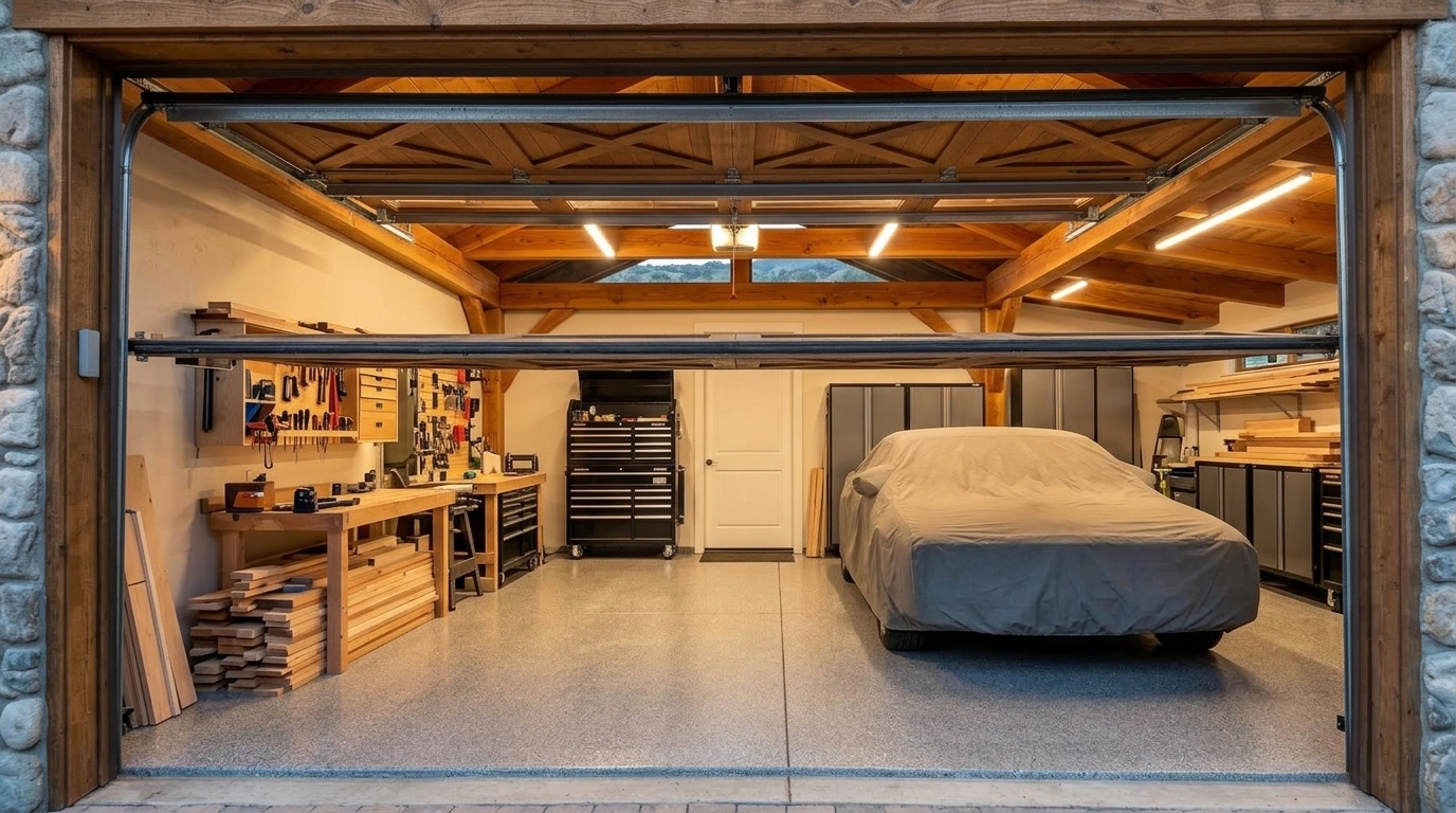 Orangevale Garage Door Service Interior View of Custom Garage Door Overhead and Workshop